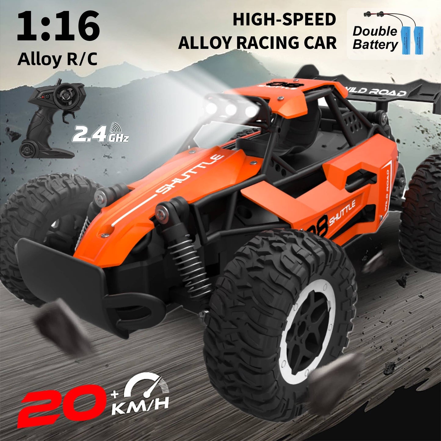 High-Speed 1:16 RC Car, Speeds up to 12 MPH, USB Rechargeable, indoor/outdoor