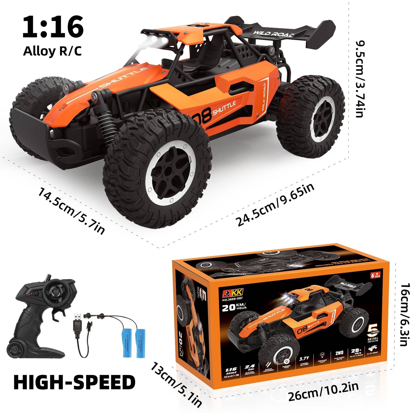 High-Speed 1:16 RC Car, Speeds up to 12 MPH, USB Rechargeable, indoor/outdoor