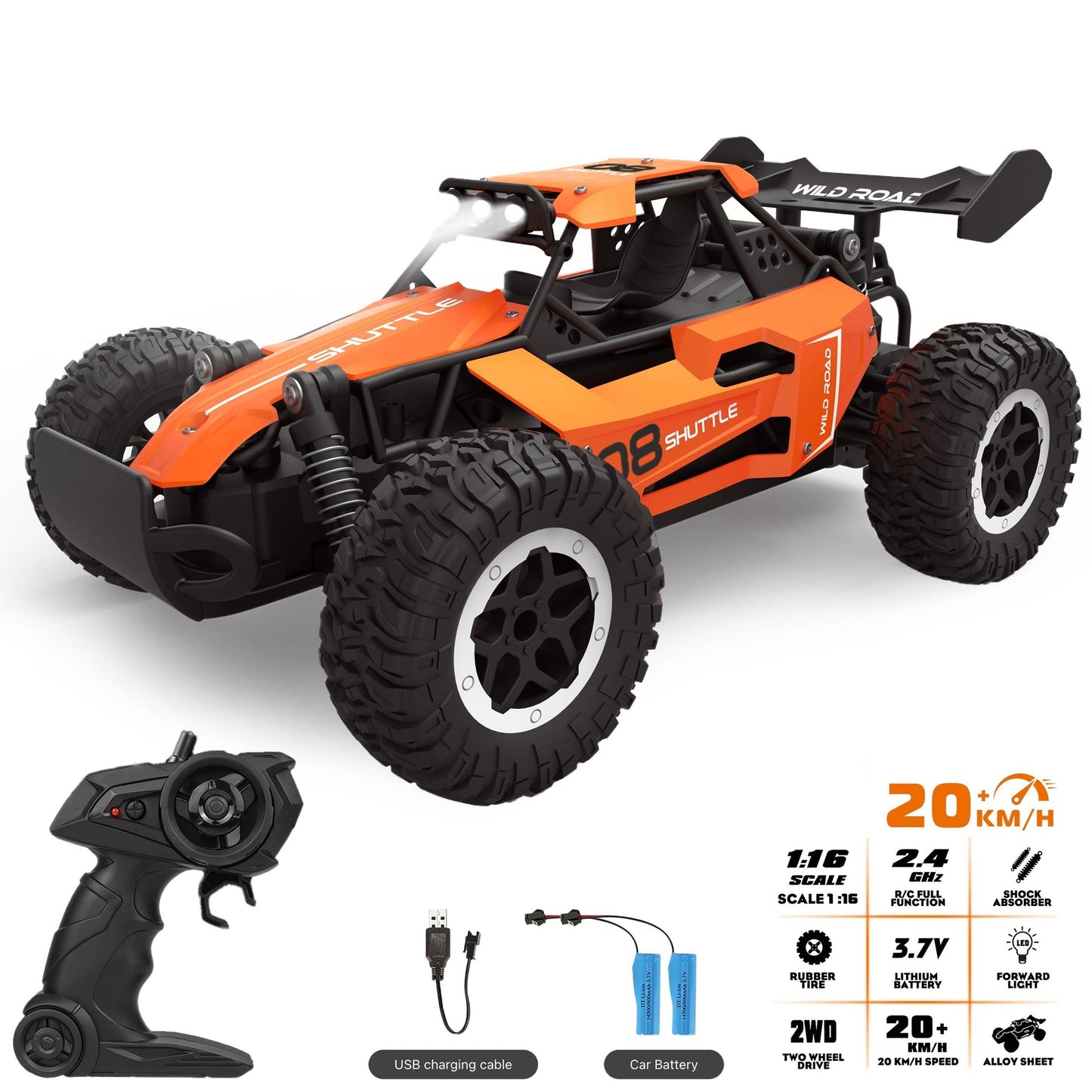 High-Speed 1:16 RC Car, Speeds up to 12 MPH, USB Rechargeable, indoor/outdoor