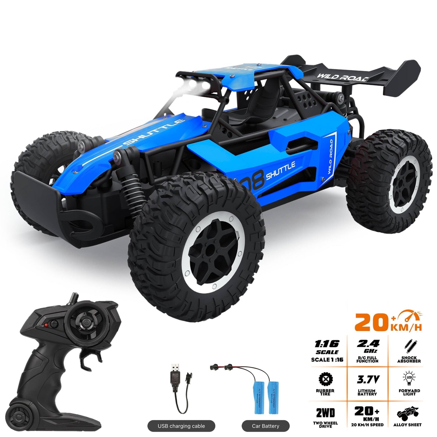 High-Speed 1:16 RC Car, Speeds up to 12 MPH, USB Rechargeable, indoor/outdoor