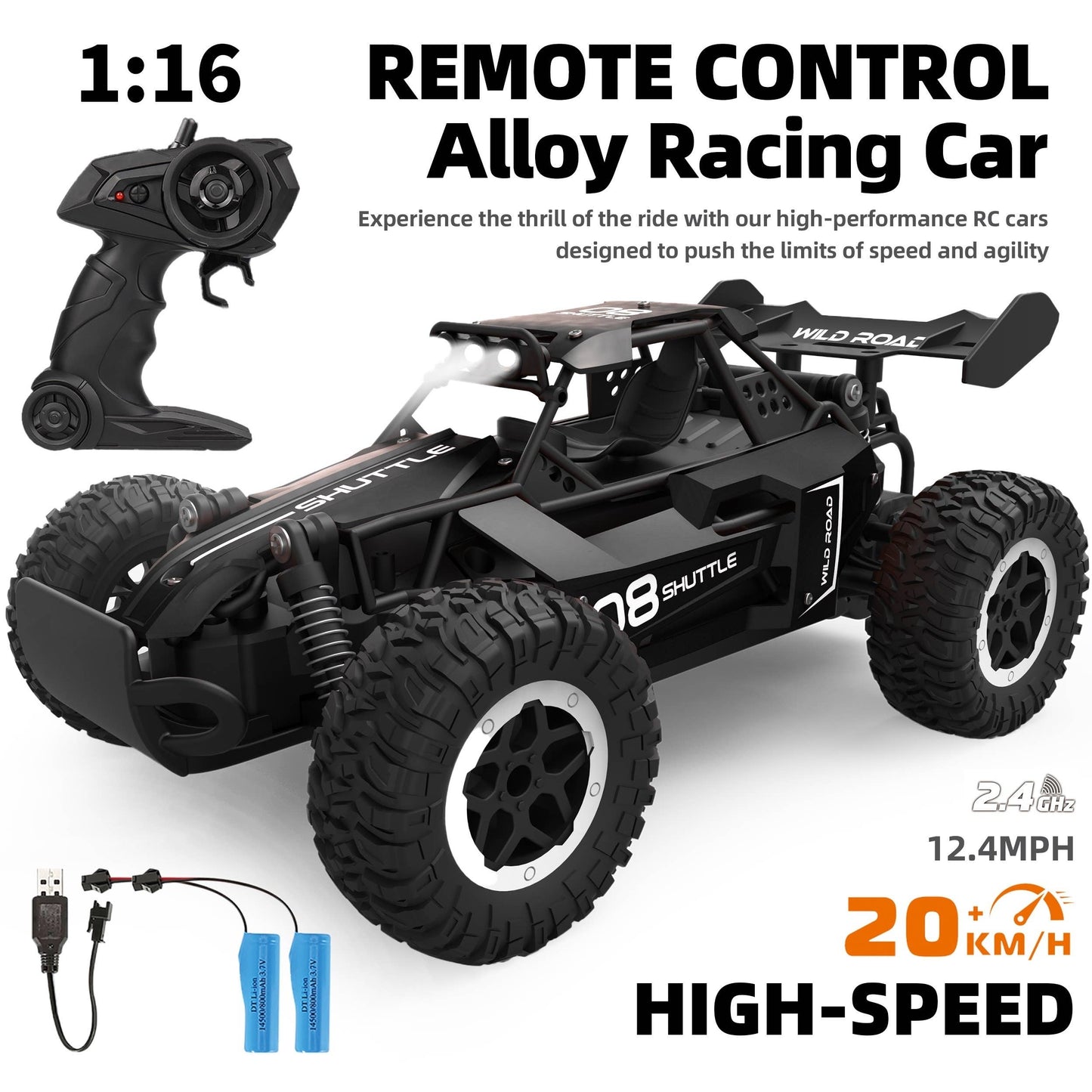 High-Speed 1:16 RC Car, Speeds up to 12 MPH, USB Rechargeable, indoor/outdoor