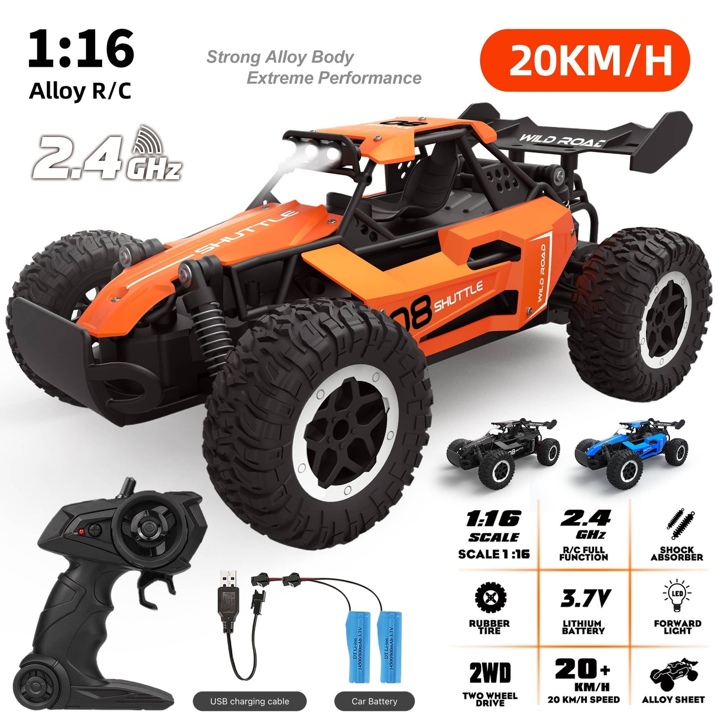 High-Speed 1:16 RC Car, Speeds up to 12 MPH, USB Rechargeable, indoor/outdoor