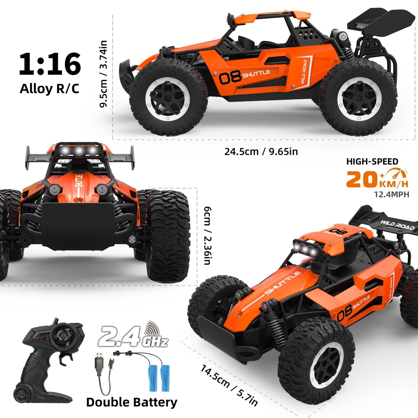 High-Speed 1:16 RC Car, Speeds up to 12 MPH, USB Rechargeable, indoor/outdoor