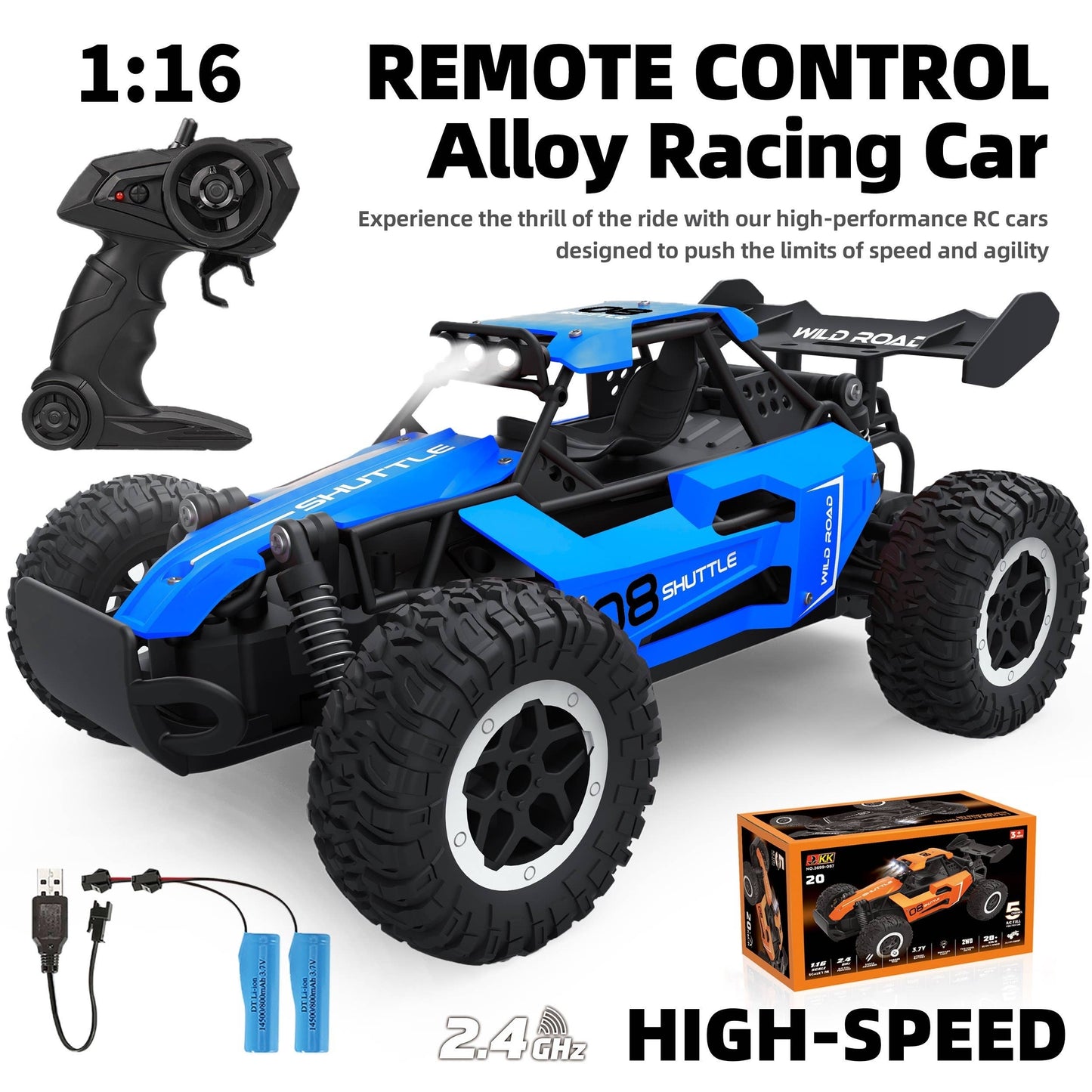 High-Speed 1:16 RC Car, Speeds up to 12 MPH, USB Rechargeable, indoor/outdoor